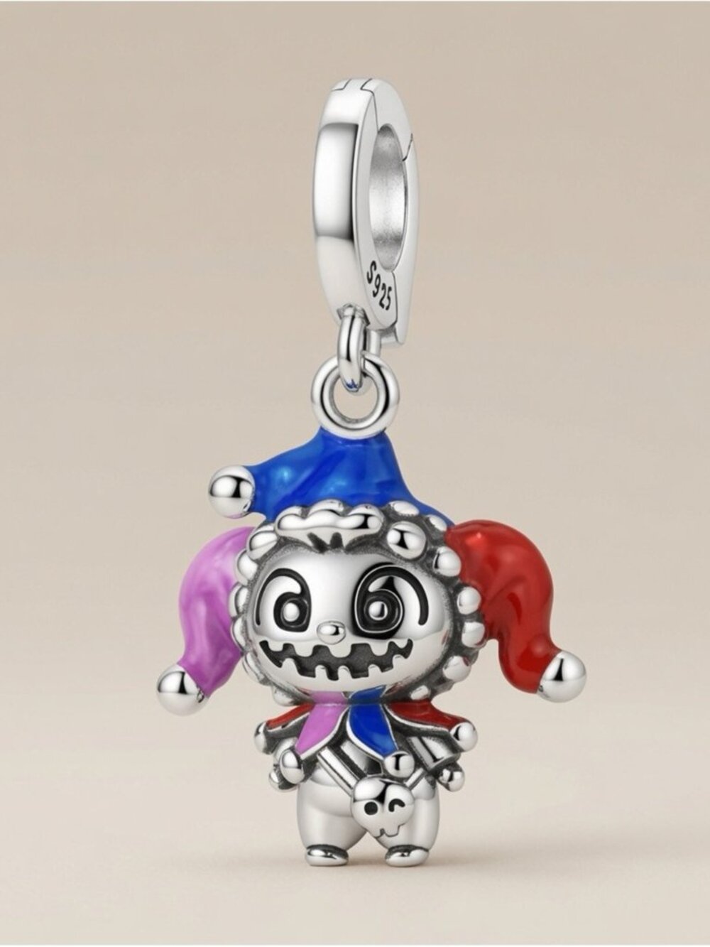 Sterling Silver Jester Charm with Red, Blue & Pink Accents